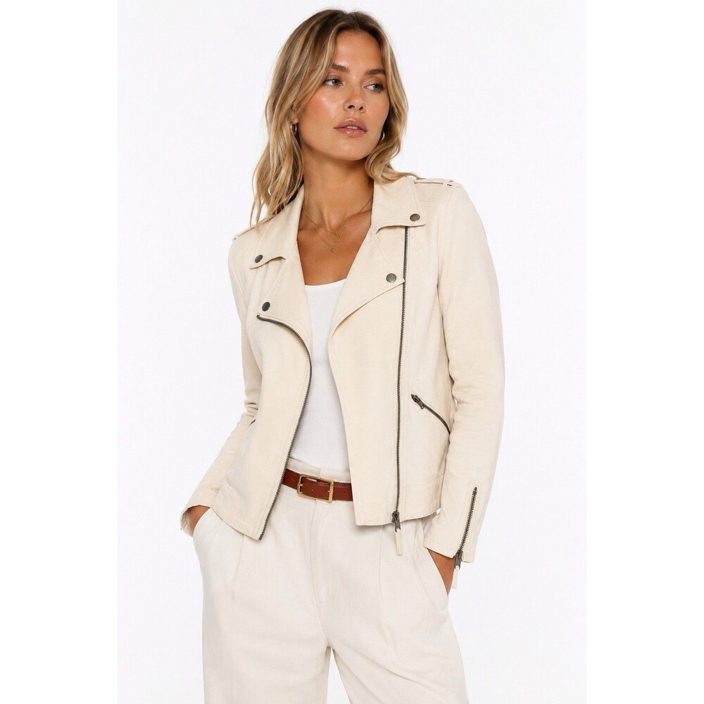 Marrakech Jaxon Layla Ivory Cotton Stretch Moto Jacket Size M Biker Zip